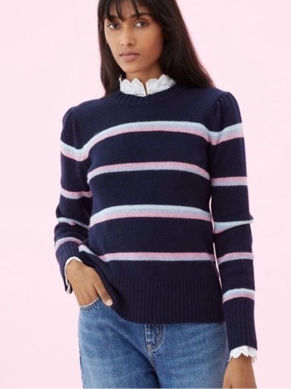 La Vie Rebecca Taylor Striped Wool Sweater XS Navy Pink Puff Sleeve